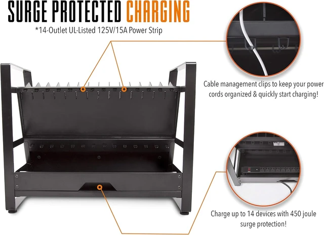 Alt view image 4 of 7 - Line Leader 14-Device Open Charging Cart for Laptops, Tablets & Chromebooks Mobile Station with Removable Wheels & UL-Listed Surge-Protected Power Strip