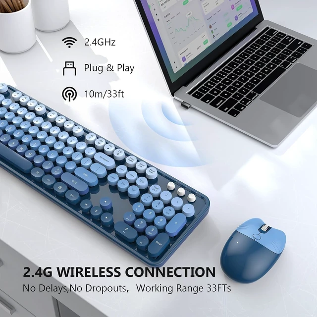 Alt view image 2 of 7 - 2.4GHz Wireless Keyboard & Mouse Combo Full-Size Retro Round Keys, Plug & Play, 8 Multimedia & Shortcut Keys for Mac/Windows/PC Blue Gradient
