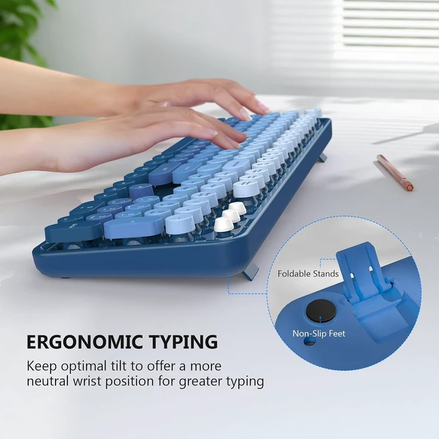 Alt view image 4 of 7 - 2.4GHz Wireless Keyboard & Mouse Combo Full-Size Retro Round Keys, Plug & Play, 8 Multimedia & Shortcut Keys for Mac/Windows/PC Blue Gradient