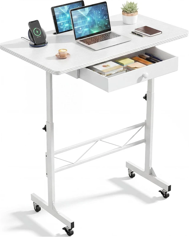 Main image of Height-Adjustable Rolling Sit-Stand Desk with Storage Drawer Mobile Portable Laptop Desk with Lockable Wheels for Small Space, Home Office & Treadmill Workstation