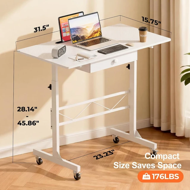 Alt view image 2 of 7 - Height-Adjustable Rolling Sit-Stand Desk with Storage Drawer Mobile Portable Laptop Desk with Lockable Wheels for Small Space, Home Office & Treadmill Workstation