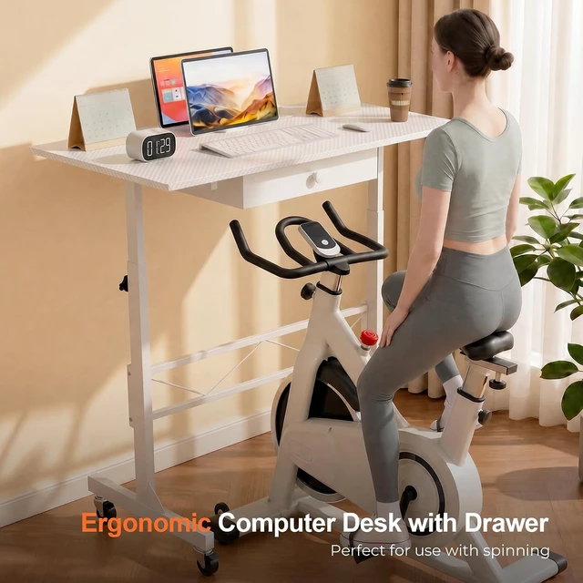 Alt view image 4 of 7 - Height-Adjustable Rolling Sit-Stand Desk with Storage Drawer Mobile Portable Laptop Desk with Lockable Wheels for Small Space, Home Office & Treadmill Workstation