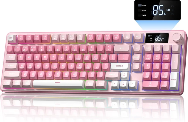 Main image of Wireless Creamy Gaming Keyboard with Media Knob & Screen Mechanical-Feel Membrane Keys, Number Pad, RGB Backlit, Tri-Mode BT/2.4GHz/USB-C Pink