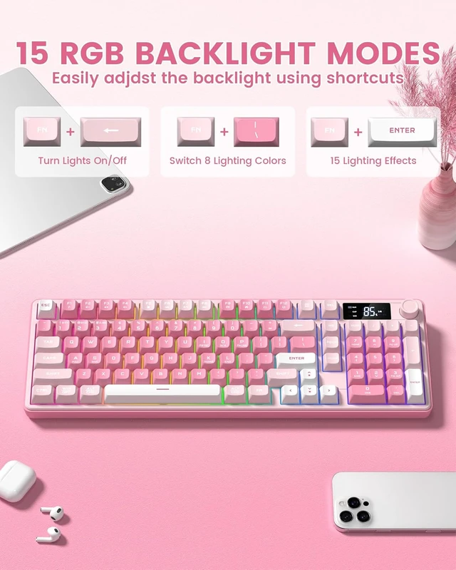 Alt view image 4 of 7 - Wireless Creamy Gaming Keyboard with Media Knob & Screen Mechanical-Feel Membrane Keys, Number Pad, RGB Backlit, Tri-Mode BT/2.4GHz/USB-C Pink