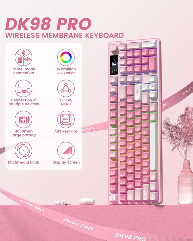 Alt view image 2 of 7 - Wireless Creamy Gaming Keyboard with Media Knob & Screen Mechanical-Feel Membrane Keys, Number Pad, RGB Backlit, Tri-Mode BT/2.4GHz/USB-C Pink