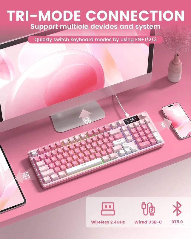 Alt view image 3 of 7 - Wireless Creamy Gaming Keyboard with Media Knob & Screen Mechanical-Feel Membrane Keys, Number Pad, RGB Backlit, Tri-Mode BT/2.4GHz/USB-C Pink