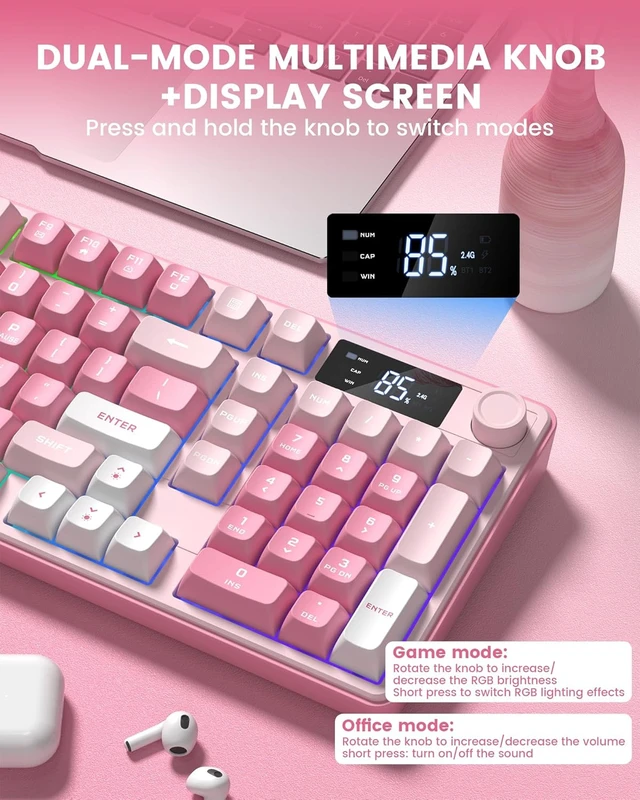 Alt view image 6 of 7 - Wireless Creamy Gaming Keyboard with Media Knob & Screen Mechanical-Feel Membrane Keys, Number Pad, RGB Backlit, Tri-Mode BT/2.4GHz/USB-C Pink