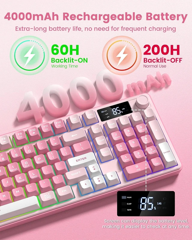 Alt view image 7 of 7 - Wireless Creamy Gaming Keyboard with Media Knob & Screen Mechanical-Feel Membrane Keys, Number Pad, RGB Backlit, Tri-Mode BT/2.4GHz/USB-C Pink