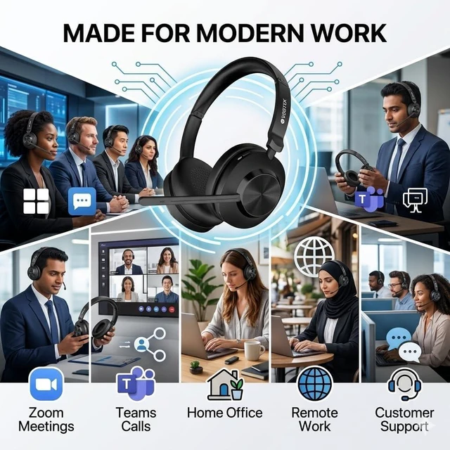Alt view image 2 of 7 - Wireless Headset with Noise-Cancelling Mic for Work Bluetooth + USB Dongle Computer Headset with Mute Button, Long Battery Life for Zoom, Teams, Meetings & Home Office