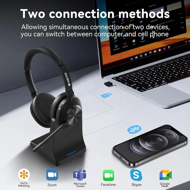 Alt view image 4 of 7 - Wireless Headset with Noise-Cancelling Mic for Work Bluetooth + USB Dongle Computer Headset with Mute Button, Long Battery Life for Zoom, Teams, Meetings & Home Office