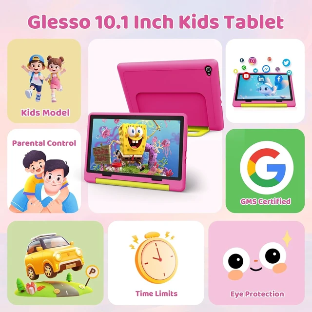 Alt view image 2 of 7 - 10-Inch Android 16 Kids Tablet with Case 24GB RAM 64GB ROM, 6000mAh Battery, Parental Control, Kids Mode, GMS Certified, Dual Camera, Gift, Pink