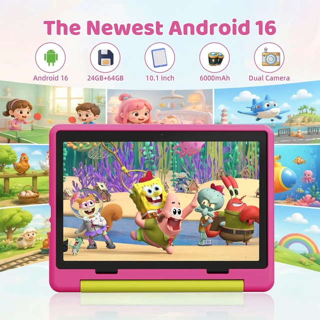 Alt view image 3 of 7 - 10-Inch Android 16 Kids Tablet with Case 24GB RAM 64GB ROM, 6000mAh Battery, Parental Control, Kids Mode, GMS Certified, Dual Camera, Gift, Pink