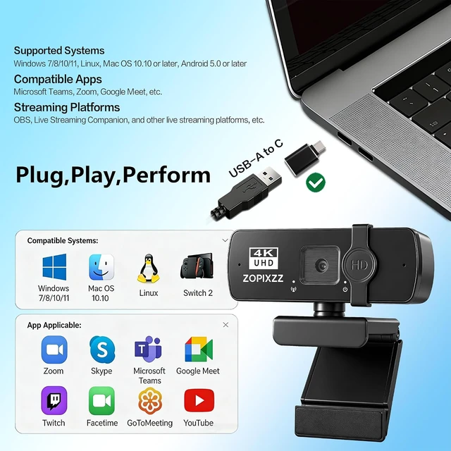 Alt view image 7 of 7 - 4K Ultra HD Webcam with Tripod & Microphone PDAF Autofocus, Privacy Cover, USB-A & USB-C Adapter, Plug & Play for Business Meetings & Live Streaming