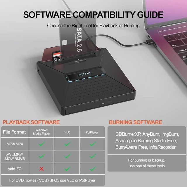 Alt view image 3 of 7 - External CD/DVD Optical Disc Reader & Burner with SATA Interface