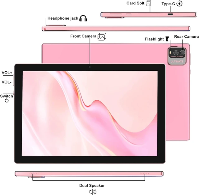 Alt view image 7 of 7 - 10-Inch Android 15 Tablet, 12GB RAM + 64GB ROM / 1TB Expansion 1.8GHz Quad-Core, 1280×800 HD Touchscreen, 8MP Camera, 6000mAh Battery, 2-in-1 with Keyboard Case Mouse Stylus, Pink