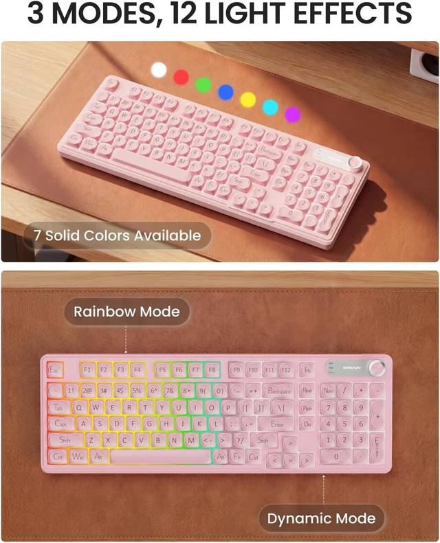 Alt view image 2 of 7 - V102 Wireless Gaming Keyboard 98-Key with Screen & Media Knob, Custom RGB Backlit, Tri-Mode BT5.0/2.4GHz/Wired, Quiet Typing for Windows/Mac, Pink