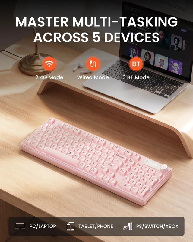 Alt view image 3 of 7 - V102 Wireless Gaming Keyboard 98-Key with Screen & Media Knob, Custom RGB Backlit, Tri-Mode BT5.0/2.4GHz/Wired, Quiet Typing for Windows/Mac, Pink