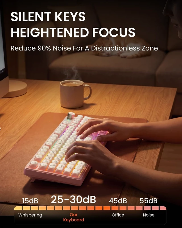 Alt view image 7 of 7 - V102 Wireless Gaming Keyboard 98-Key with Screen & Media Knob, Custom RGB Backlit, Tri-Mode BT5.0/2.4GHz/Wired, Quiet Typing for Windows/Mac, Pink