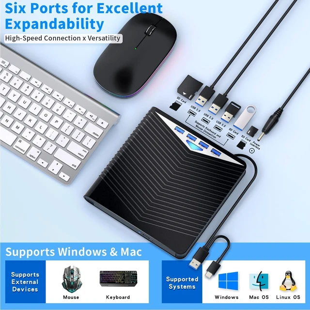 Alt view image 6 of 7 - 7-in-1 External Blu-ray Read/Write Drive with Blu-ray Burner USB 3.0/Type-C, M-DISC Support, Compatible with Windows 7-11 & Mac/PC (Black)
