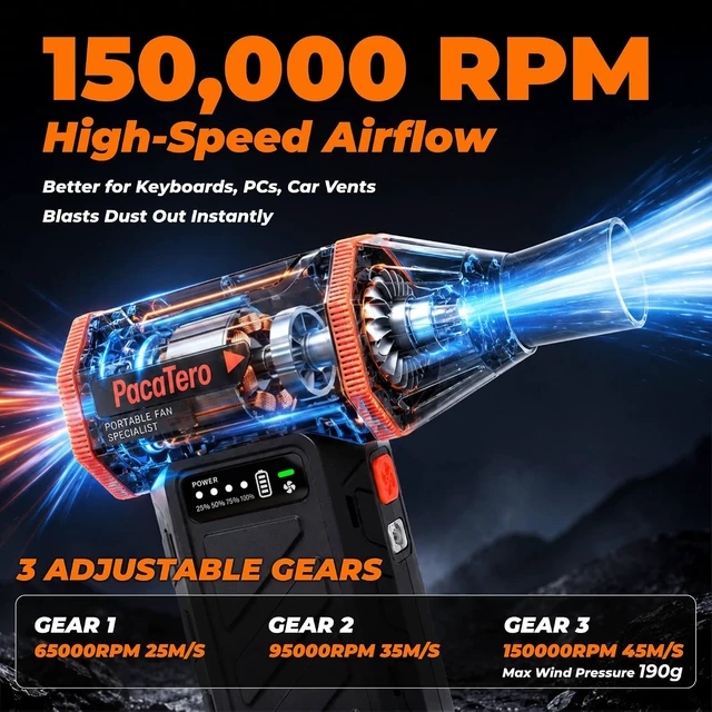 Alt view image 3 of 7 - Cordless Electric Air Duster, 10000mAh & 150000RPM Adjustable, for PC & Keyboard