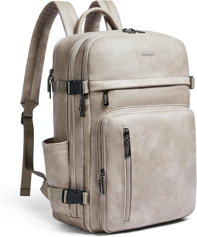 Main image of Vegan Leather Backpack for Women & Men Fits 17.0" Laptop, Stylish Lay-Flat Carry-On Travel Backpack with Luggage Strap