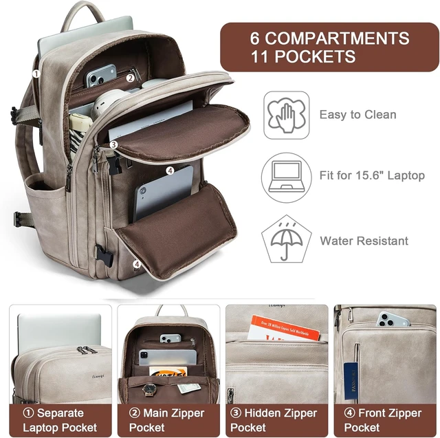 Alt view image 5 of 7 - Vegan Leather Backpack for Women & Men Fits 17.0" Laptop, Stylish Lay-Flat Carry-On Travel Backpack with Luggage Strap