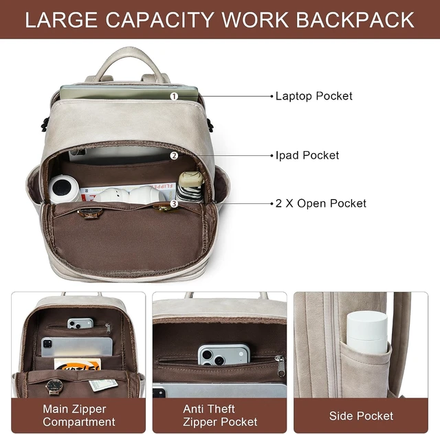 Alt view image 4 of 7 - Vegan Leather Backpack for Women & Men Fits 17.0" Laptop, Stylish Lay-Flat Carry-On Travel Backpack with Luggage Strap
