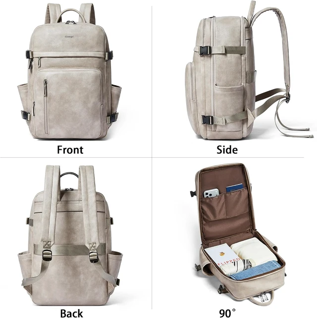 Alt view image 3 of 7 - Vegan Leather Backpack for Women & Men Fits 17.0" Laptop, Stylish Lay-Flat Carry-On Travel Backpack with Luggage Strap