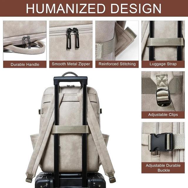 Alt view image 6 of 7 - Vegan Leather Backpack for Women & Men Fits 17.0" Laptop, Stylish Lay-Flat Carry-On Travel Backpack with Luggage Strap