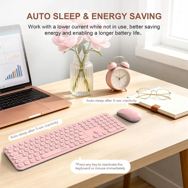 Alt view image 7 of 7 - 2.4GHz Wireless Keyboard & Mouse Combo Plug & Play Full-Size Silent Retro Slim Cute Pink Set for Office Windows/Mac/PC/Laptop/TabletPeach