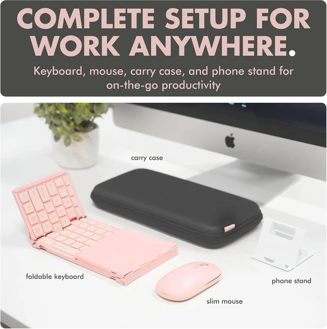 Alt view image 2 of 7 - Wireless Foldable Keyboard & Mouse Set 106 Full-Sized Keys, BT + 2.4GHz, Carrying Case & Phone Stand, Portable Travel Combo for Laptop & Desktop, Pink