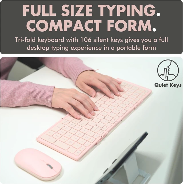 Alt view image 3 of 7 - Wireless Foldable Keyboard & Mouse Set 106 Full-Sized Keys, BT + 2.4GHz, Carrying Case & Phone Stand, Portable Travel Combo for Laptop & Desktop, Pink