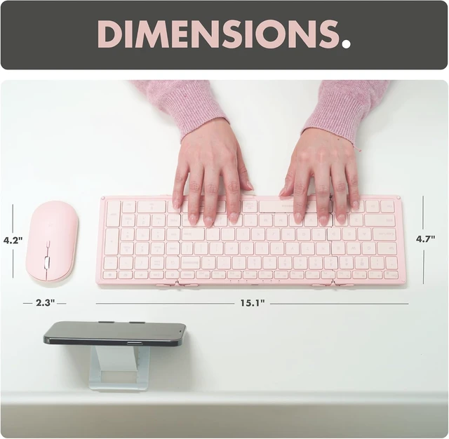Alt view image 7 of 7 - Wireless Foldable Keyboard & Mouse Set 106 Full-Sized Keys, BT + 2.4GHz, Carrying Case & Phone Stand, Portable Travel Combo for Laptop & Desktop, Pink