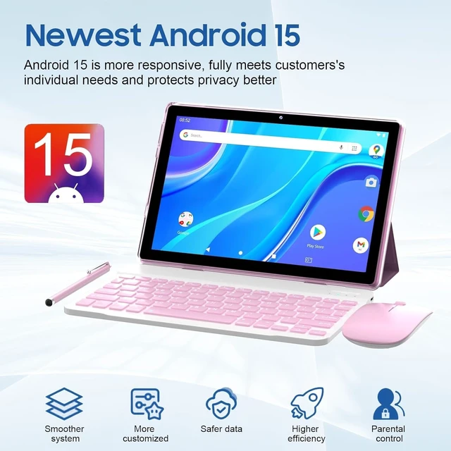 Alt view image 2 of 7 - 10-Inch Android 15 Tablet, 12GB RAM + 64GB ROM / 1TB Expansion 1.8GHz Quad-Core, 1280×800 HD Touchscreen, 8MP Camera, 6000mAh Battery, 2-in-1 with Keyboard Case Mouse Stylus, Pink