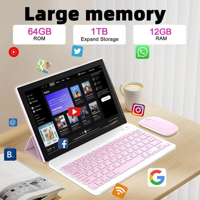Alt view image 3 of 7 - 10-Inch Android 15 Tablet, 12GB RAM + 64GB ROM / 1TB Expansion 1.8GHz Quad-Core, 1280×800 HD Touchscreen, 8MP Camera, 6000mAh Battery, 2-in-1 with Keyboard Case Mouse Stylus, Pink
