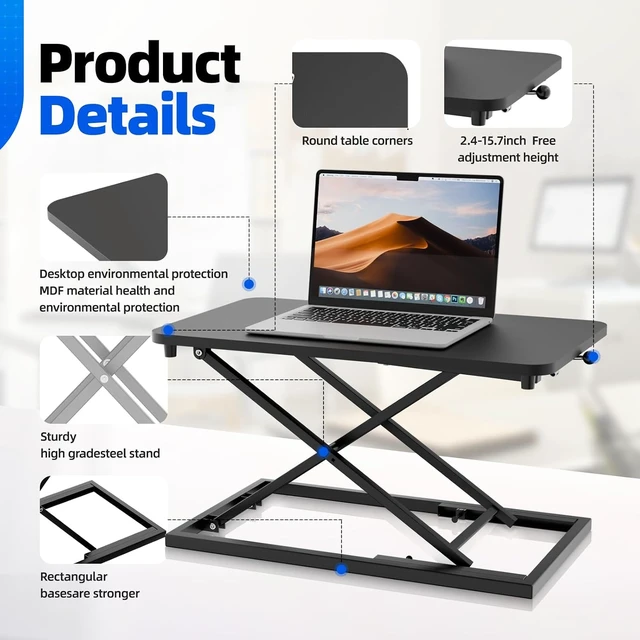 Alt view image 6 of 7 - Height-Adjustable Standing Desk Converter Sit-to-Stand Desk Riser for Laptop & Single Monitor, Ergonomic Home Office Workstation, Black