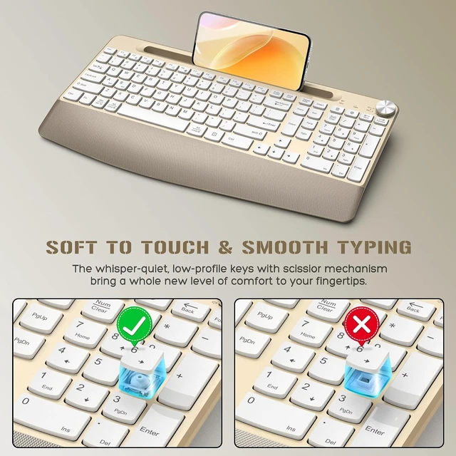 Alt view image 3 of 7 - Ergonomic Wireless Keyboard & Mouse Combo with Wrist Rest & Phone Holder 2.4GHz Full-Sized Low-Profile Quiet Gold Set for Computer, Laptop, PC, Mac Gold