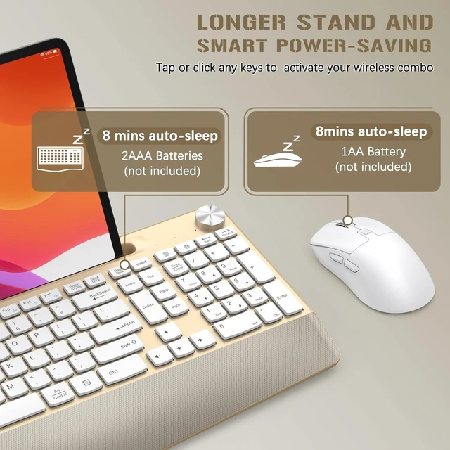 Alt view image 4 of 7 - Ergonomic Wireless Keyboard & Mouse Combo with Wrist Rest & Phone Holder 2.4GHz Full-Sized Low-Profile Quiet Gold Set for Computer, Laptop, PC, Mac Gold