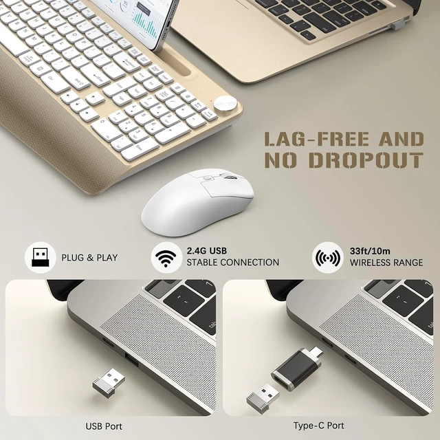 Alt view image 5 of 7 - Ergonomic Wireless Keyboard & Mouse Combo with Wrist Rest & Phone Holder 2.4GHz Full-Sized Low-Profile Quiet Gold Set for Computer, Laptop, PC, Mac Gold