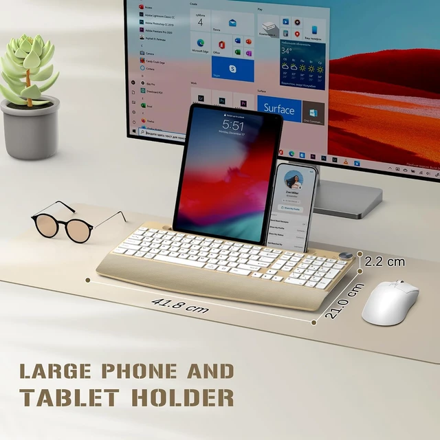 Alt view image 6 of 7 - Ergonomic Wireless Keyboard & Mouse Combo with Wrist Rest & Phone Holder 2.4GHz Full-Sized Low-Profile Quiet Gold Set for Computer, Laptop, PC, Mac Gold