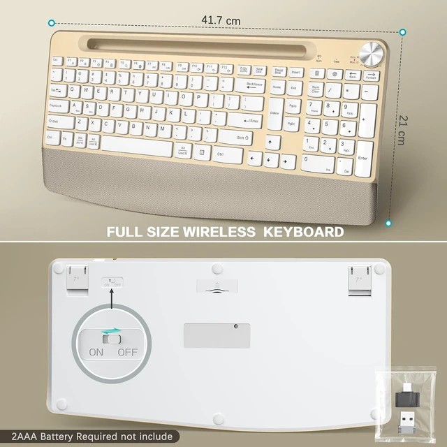 Alt view image 7 of 7 - Ergonomic Wireless Keyboard & Mouse Combo with Wrist Rest & Phone Holder 2.4GHz Full-Sized Low-Profile Quiet Gold Set for Computer, Laptop, PC, Mac Gold