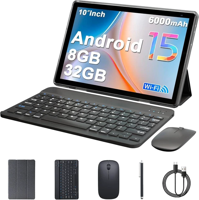Main image of 10-Inch Android 15 Tablet, 8GB RAM 32GB ROM 1TB Expand 2-in-1 with Keyboard Case Mouse Stylus, 5G WiFi, BT5.0, 6000mAh, 1280x800 HD IPS, 8MP Dual Camera, GMS, Widevine L1, Black