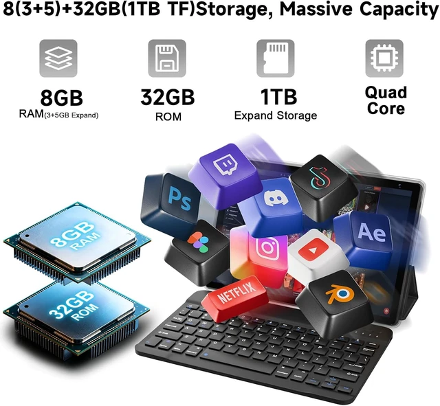 Alt view image 3 of 7 - 10-Inch Android 15 Tablet, 8GB RAM 32GB ROM 1TB Expand 2-in-1 with Keyboard Case Mouse Stylus, 5G WiFi, BT5.0, 6000mAh, 1280x800 HD IPS, 8MP Dual Camera, GMS, Widevine L1, Black