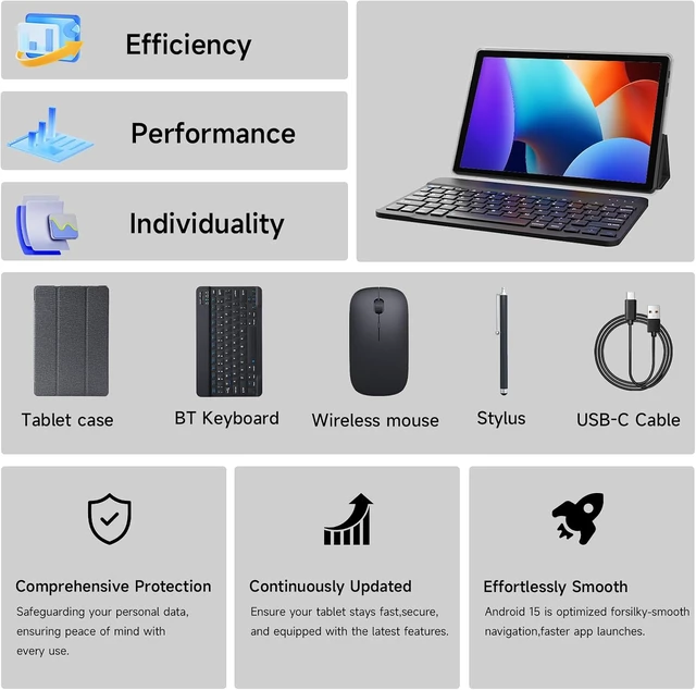 Alt view image 6 of 7 - 10-Inch Android 15 Tablet, 8GB RAM 32GB ROM 1TB Expand 2-in-1 with Keyboard Case Mouse Stylus, 5G WiFi, BT5.0, 6000mAh, 1280x800 HD IPS, 8MP Dual Camera, GMS, Widevine L1, Black
