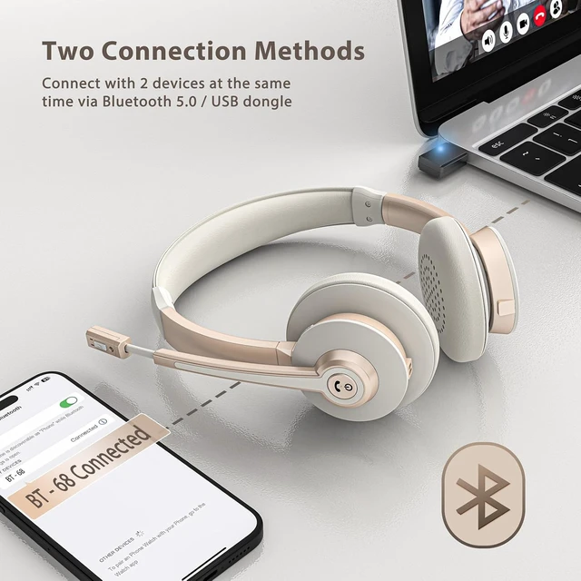 Alt view image 3 of 7 - Bluetooth Wireless Headset with AI Noise-Cancelling Mic & Charge Dock Mic Mute & USB Dongle for Computer/Phone, Remote Work, Office, Teams