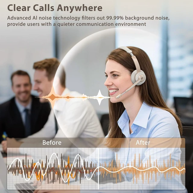Alt view image 4 of 7 - Bluetooth Wireless Headset with AI Noise-Cancelling Mic & Charge Dock Mic Mute & USB Dongle for Computer/Phone, Remote Work, Office, Teams