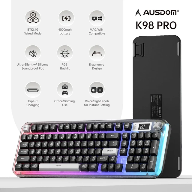 Alt view image 2 of 7 - K98pro Wireless Silent Creamy Keyboard Tri-Mode BT/2.4G/USB-C, Number Pad, RGB Backlit Media Knob