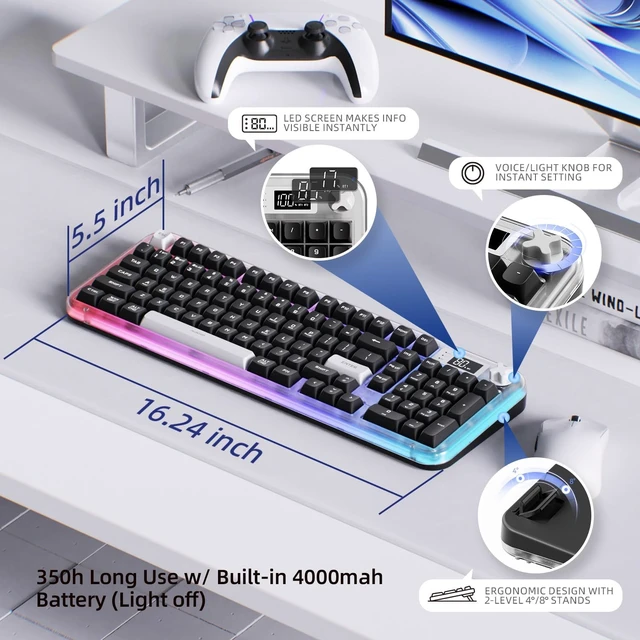 Alt view image 7 of 7 - K98pro Wireless Silent Creamy Keyboard Tri-Mode BT/2.4G/USB-C, Number Pad, RGB Backlit Media Knob