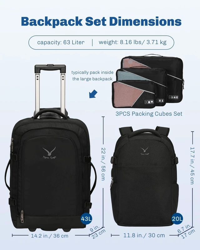Alt view image 2 of 7 - 22-Inch 63L Rolling Carry-On Travel Backpack 2-in-1 Luggage for Men & Women with 3-Piece Packing Cubes Set