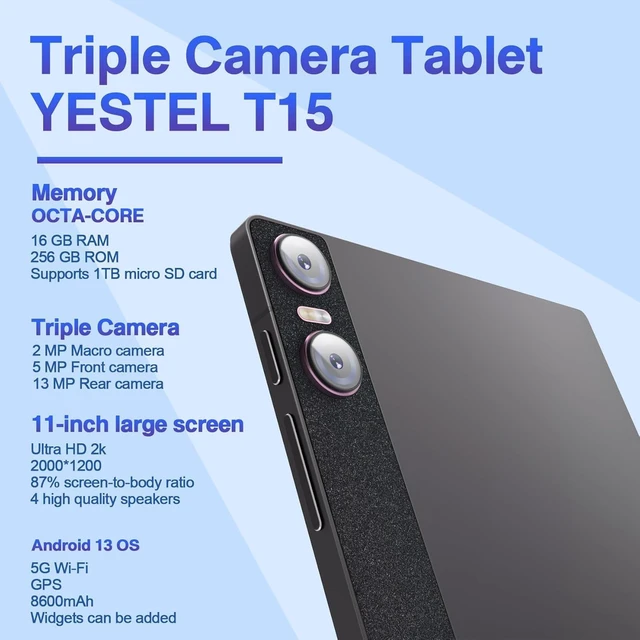 Alt view image 2 of 7 - 11-Inch Android 13 Tablet 16GB + 256GB, 8600mAh, 2K 2000x1200 Display